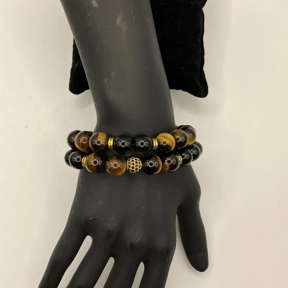 Tiger Eye Cubic Zirconia + Black Agate Gemstone 2-strand Bracelet Brand New